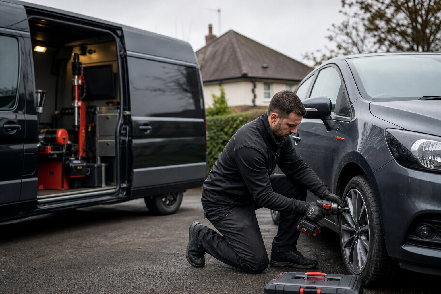 Technician replacing a tyre at the roadside using a torque wrench
