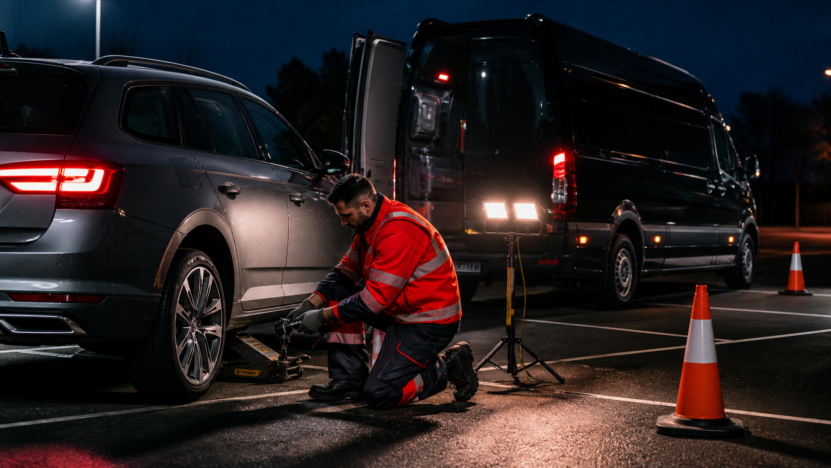 RapidFit van with hazard lights on during a roadside emergency callout