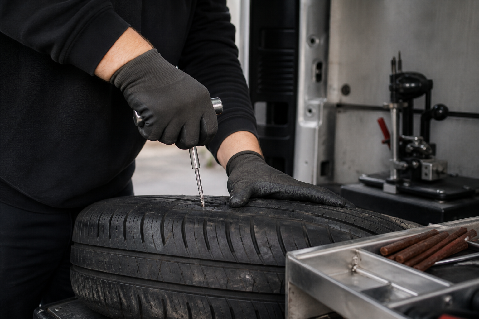 Close-up inspection of a tyre sidewall and tread for puncture repair