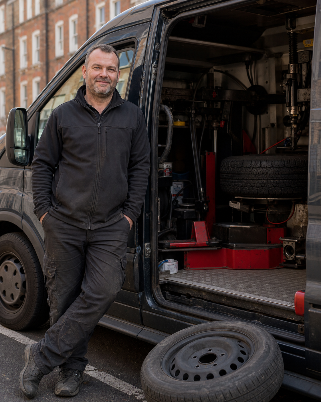 A RapidFit mobile tyre technician standing beside the branded fitting van in a UK street