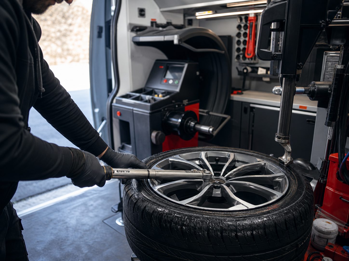 Inside a RapidFit mobile tyre fitting van showing balancing equipment and a technician's hands at work